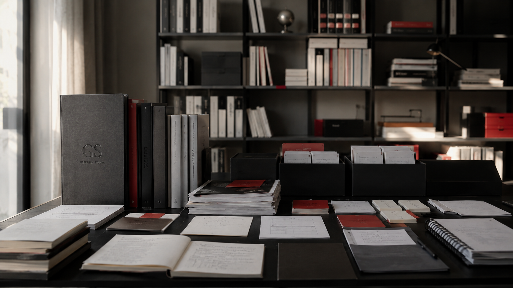 ### Texto alternativo Biblioteca editorial contemporánea con libros, carpetas, documentos organizados y un cuaderno con el logotipo de GS Research Studio, como representación visual de un sistema editorial basado en categorías, series y conocimiento de largo plazo.