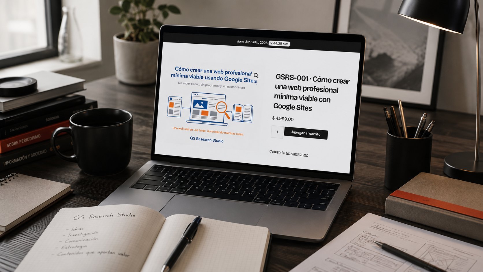 Persona trabajando en la creación de una página web desde una laptop, con cuadernos, libros y materiales de planificación sobre un escritorio editorial, como representación del primer paso para construir una presencia digital propia.