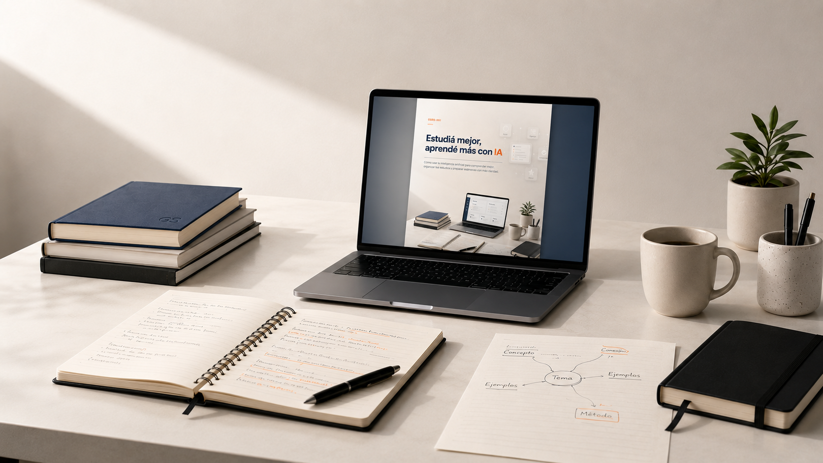 La IA ya cambió cómo estudiamos: qué dice un estudio reciente Portada editorial minimalista sobre estudiar con inteligencia artificial, con laptop, cuaderno y materiales de estudio organizados sobre un escritorio claro.