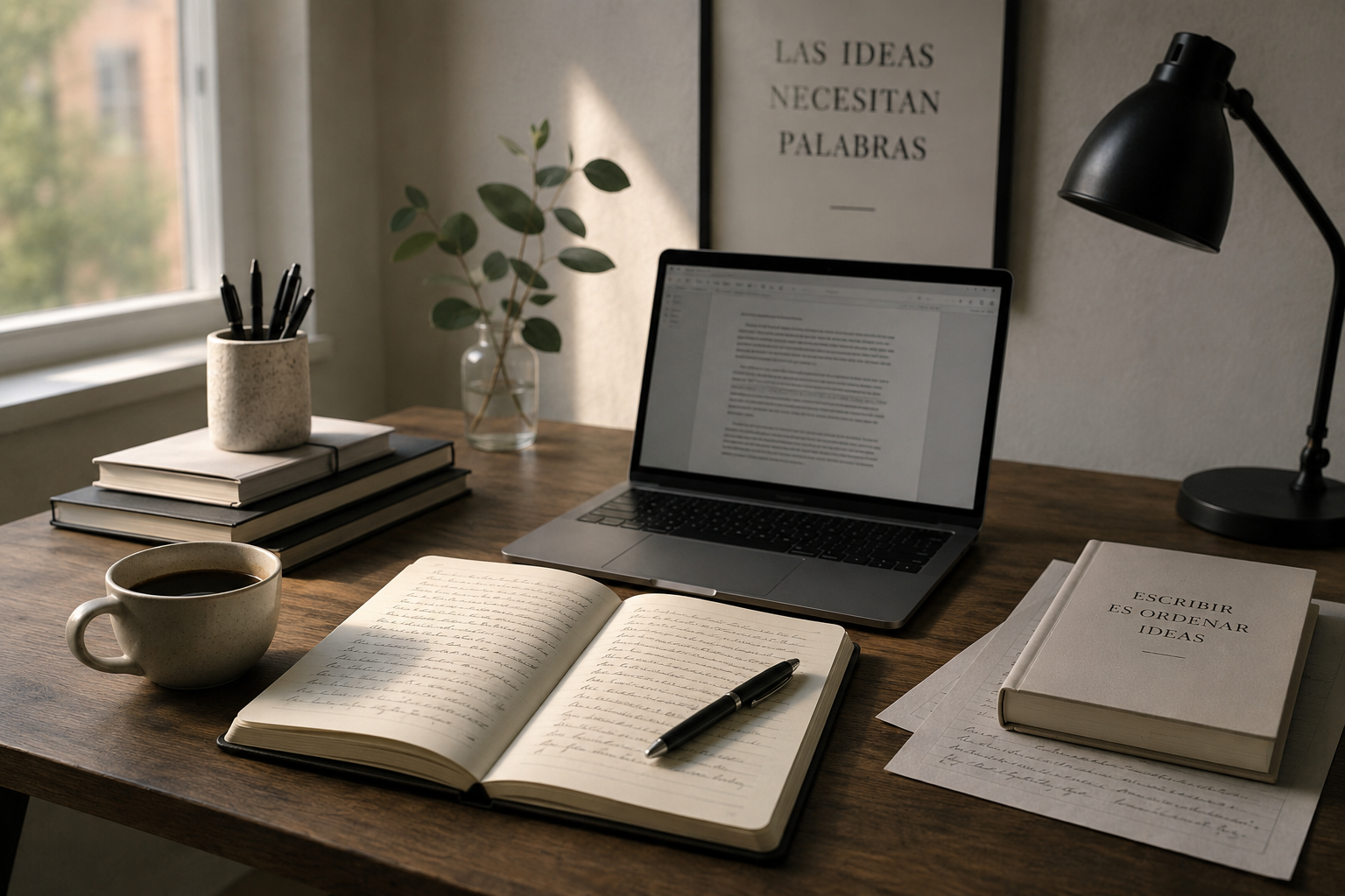 Escritorio editorial con laptop, cuaderno, libros y luz natural para representar la escritura profesional y el proceso de ordenar ideas en textos claros.