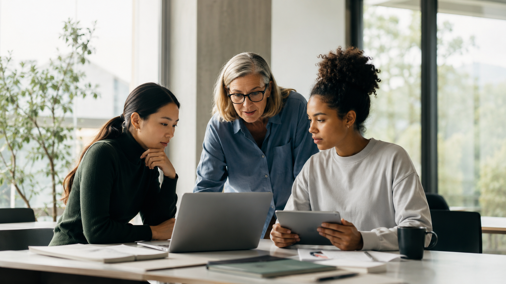 Inteligencia artificial: cómo usarla mejor en la vida cotidiana Tres mujeres trabajando con una laptop y una tablet en una oficina moderna, como escena editorial sobre el uso cotidiano de la inteligencia artificial con criterio y revisión humana.