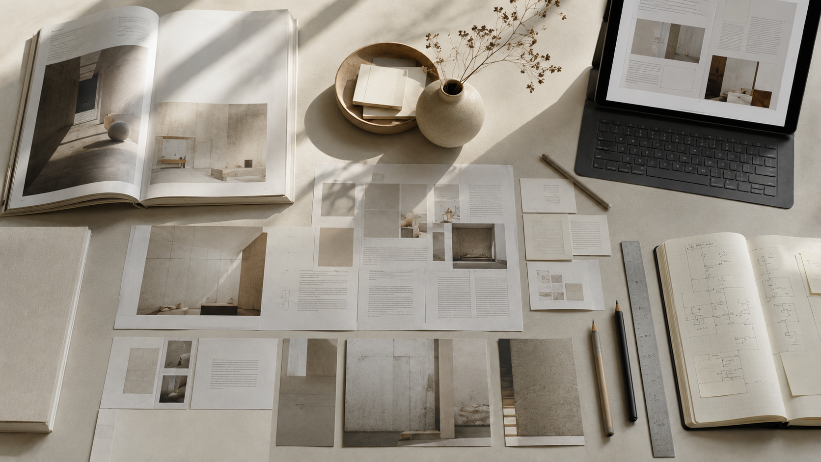 Mesa de trabajo editorial con maquetas, retículas, publicaciones y esquemas visuales que representan la arquitectura editorial, la organización de contenidos y los recorridos de lectura.