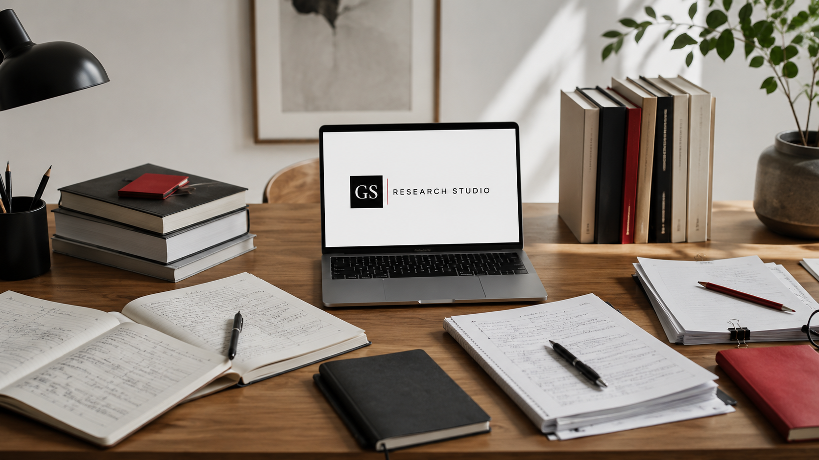 Escritorio editorial minimalista con libros, cuadernos, documentos de trabajo y una laptop con la identidad visual de GS Research Studio, como representación del proceso editorial asistido por inteligencia artificial.