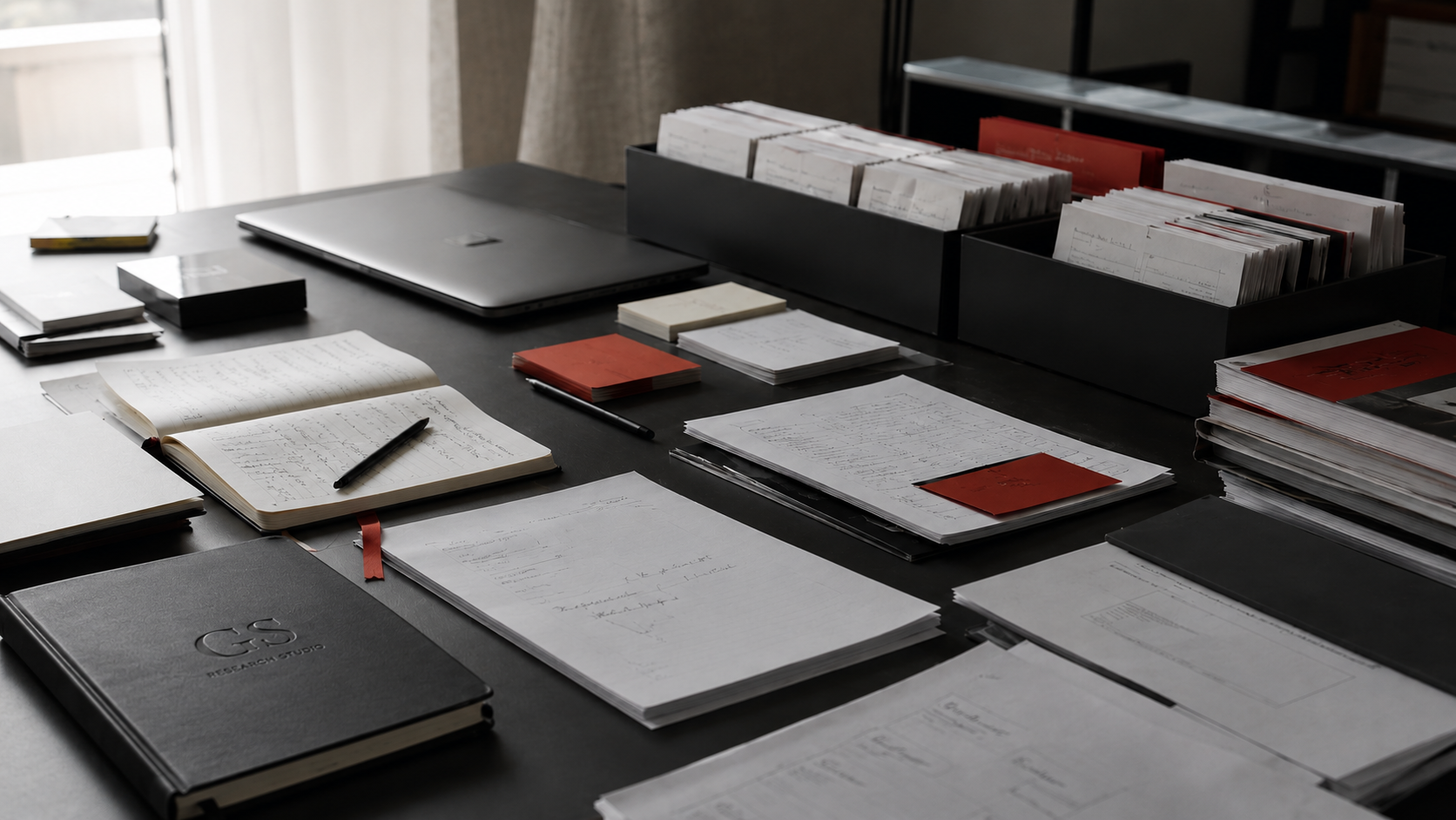 Escritorio editorial contemporáneo con cuadernos, documentos organizados por temas y un cuaderno negro con el logotipo de GS Research Studio, como representación de una estrategia de contenidos de largo plazo basada en notas, series y activos editoriales.
