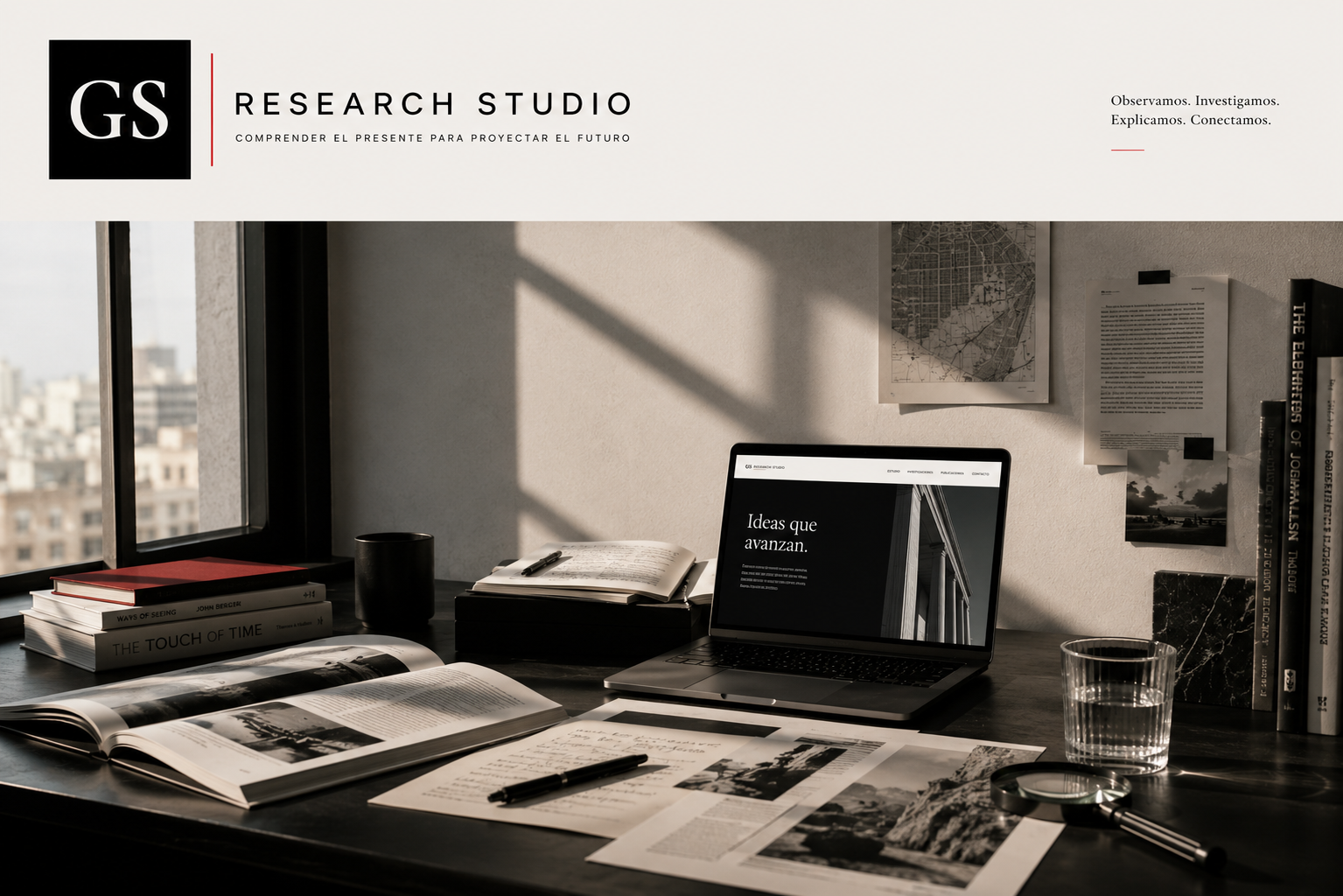 Portada institucional de GS Research Studio con su logotipo y un espacio editorial de investigación que representa la identidad visual, el periodismo, la comunicación estratégica y la producción de conocimiento.