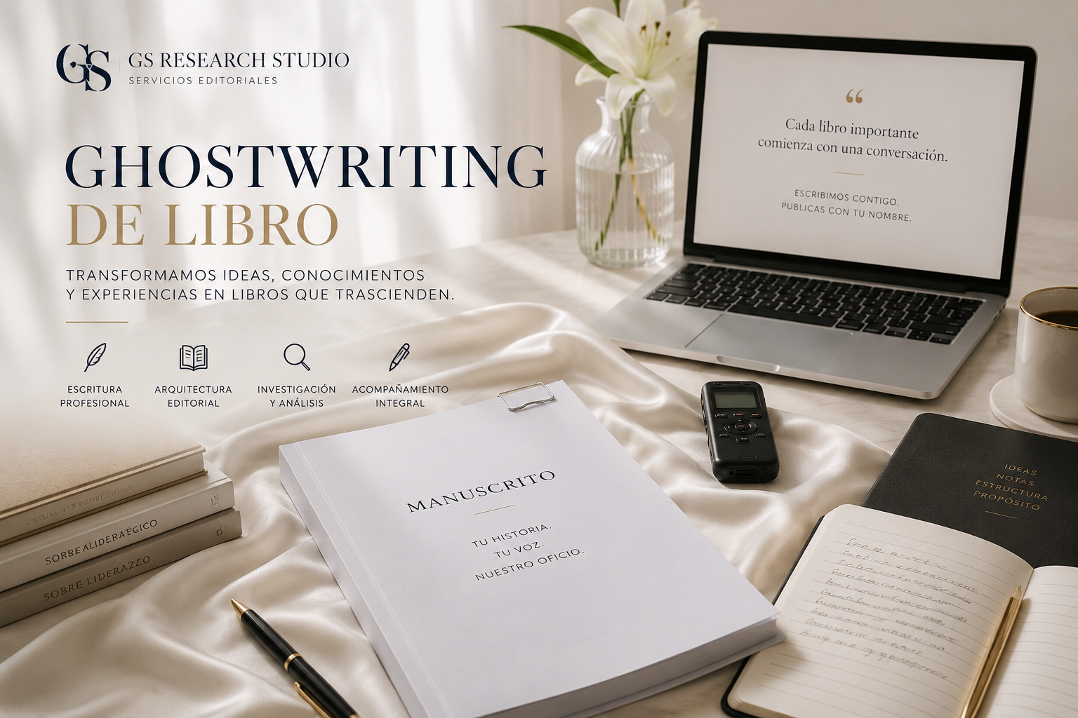 Ghostwriting de libro | GS Research Studio Ghostwriting de libro de GS Research Studio. Servicio editorial profesional para desarrollar libros de no ficción, memorias y ensayos con investigación, arquitectura editorial y escritura integral.