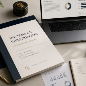 Informe de investigación profesional con documentos, gráficos y fuentes organizadas por GS Research Studio