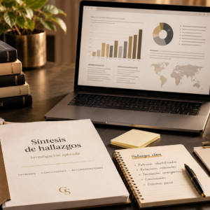Síntesis de hallazgos de GS Research Studio con documentos, notas de análisis, patrones, conclusiones y materiales de investigación organizados