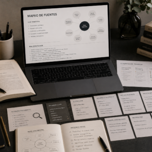Mapeo de fuentes de GS Research Studio con bibliografía, autores, referencias y materiales de investigación organizados