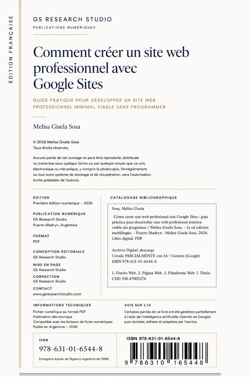 Créer un site web professionnel avec Google Sites | Édition française | GS Research Studio Couverture de l'ebook « Créer un site web professionnel avec Google Sites ». Guide pratique pour développer un site web professionnel minimum viable sans programmation. Édition française publiée par GS Research Studio. ISBN 978-631-01-6544-8.