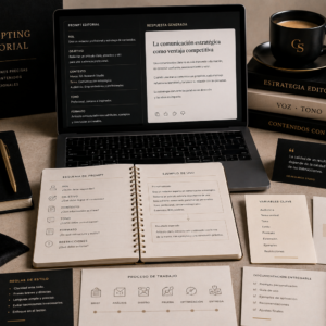 Prompting editorial aplicado a inteligencia artificial con prompts personalizados, documentos de trabajo y criterios estratégicos para producir contenidos profesionales.