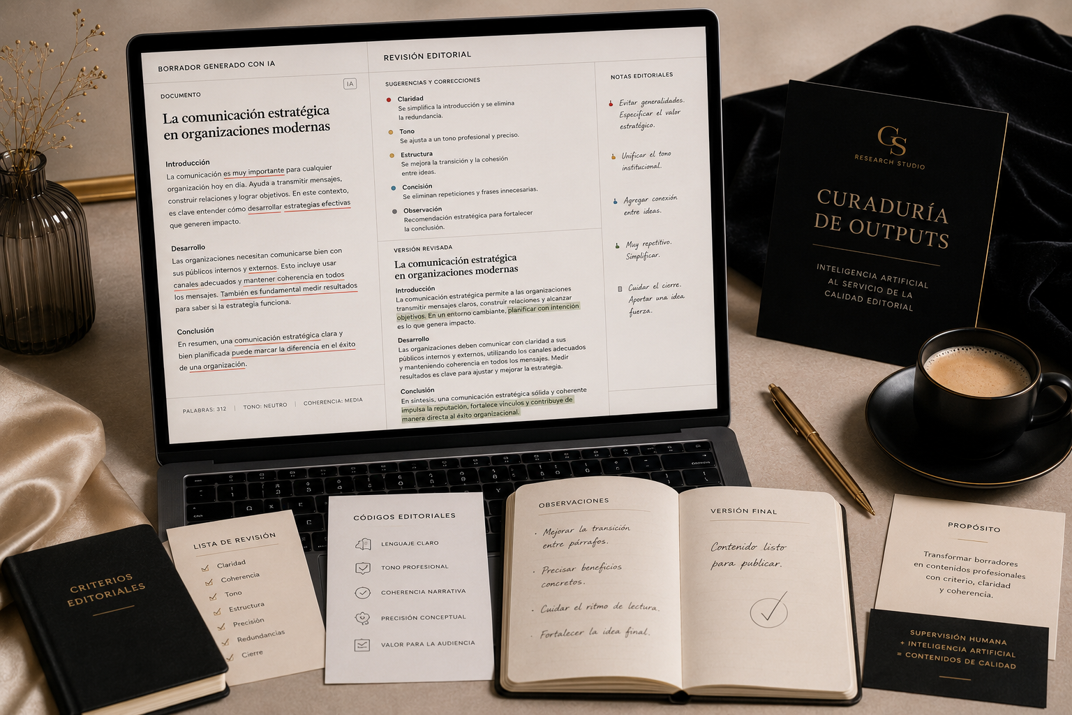 Curaduría de outputs | GS Research Studio Revisión editorial de un contenido generado con inteligencia artificial con correcciones de estructura, tono, claridad y coherencia.