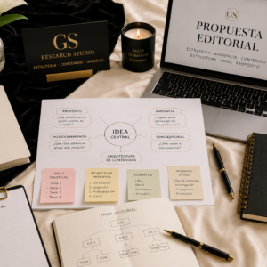 Desarrollo de propuesta editorial de GS Research Studio. Servicio estratégico para diseñar la arquitectura, el concepto y la planificación de libros, ebooks, newsletters y publicaciones profesionales.