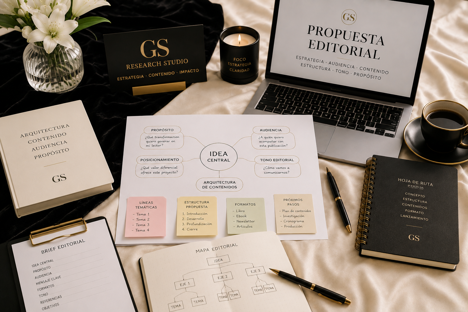 Desarrollo de propuesta editorial | GS Research Studio Desarrollo de propuesta editorial de GS Research Studio. Servicio estratégico para diseñar la arquitectura, el concepto y la planificación de libros, ebooks, newsletters y publicaciones profesionales.