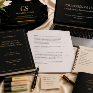 Corrección de tesis de GS Research Studio. Servicio profesional de revisión lingüística, formal y editorial para tesis de grado y posgrado antes de su entrega o defensa.