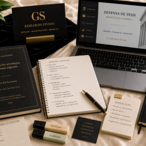 Preparación para defensa de GS Research Studio. Servicio profesional para organizar la exposición oral de tesis, tesinas y trabajos finales con claridad, estructura y una presentación académica sólida.