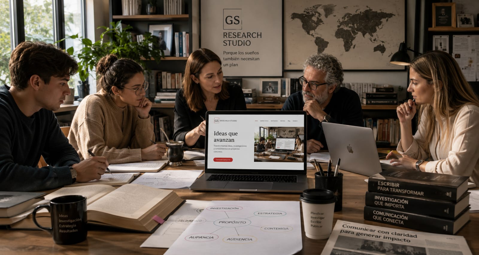Qué hacemos Mesa de trabajo de GS Research Studio donde investigación, escritura, comunicación estratégica e inteligencia artificial se integran para desarrollar proyectos editoriales.