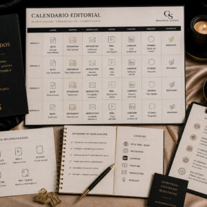 Sistema editorial de contenidos con calendario, pilares temáticos, formatos, canales y planificación estratégica para una presencia digital consistente.