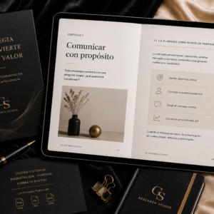 Tablet con un libro digital abierto, portada editorial minimalista y diseño profesional sobre un escritorio premium que representa el servicio de desarrollo de ebooks.
