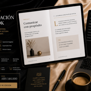Tablet mostrando un ebook maquetado profesionalmente junto a una vista previa editorial con diseño limpio y compatible con plataformas digitales.