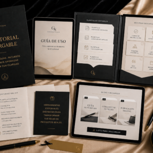 Mockup premium de un kit editorial descargable con carpetas digitales, plantillas, guías y documentos organizados sobre un escritorio editorial minimalista.