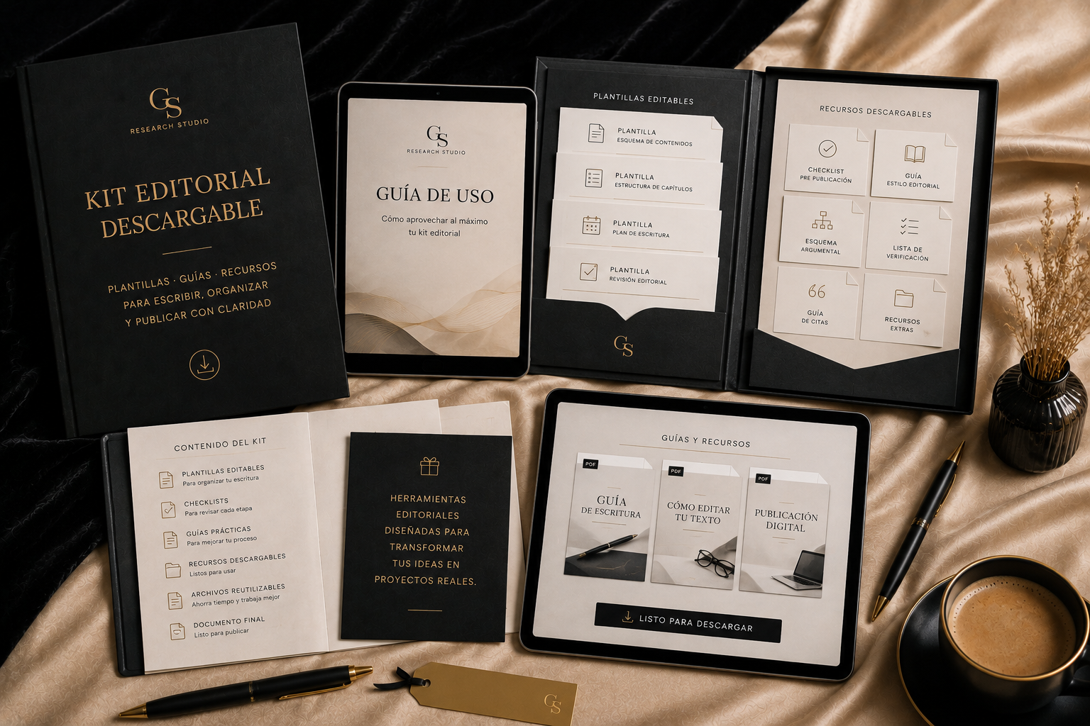 Kit editorial descargable | GS Research Studio Mockup premium de un kit editorial descargable con carpetas digitales, plantillas, guías y documentos organizados sobre un escritorio editorial minimalista.