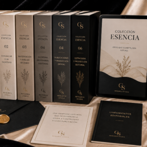 Serie de libros y ebooks con una identidad editorial uniforme presentada sobre un escritorio premium con diseño minimalista y acabados elegantes.