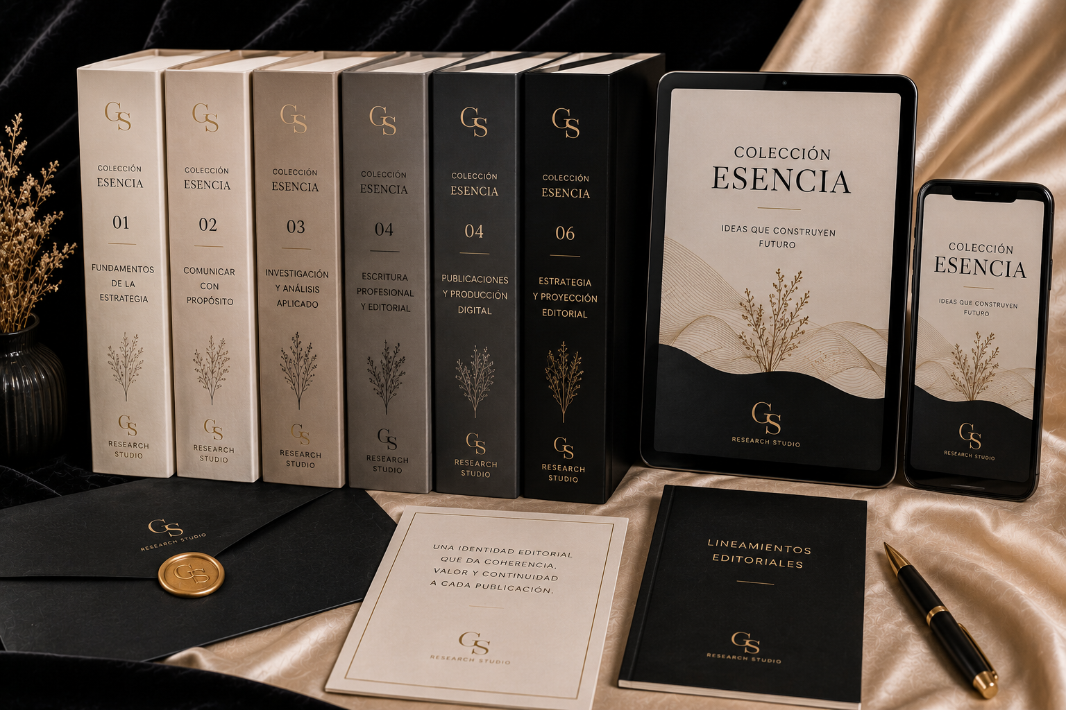 Colección propia | GS Research Studio Serie de libros y ebooks con una identidad editorial uniforme presentada sobre un escritorio premium con diseño minimalista y acabados elegantes.