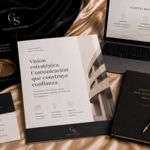 Documento corporativo con diseño editorial profesional, tipografía elegante y materiales institucionales organizados sobre un escritorio premium.