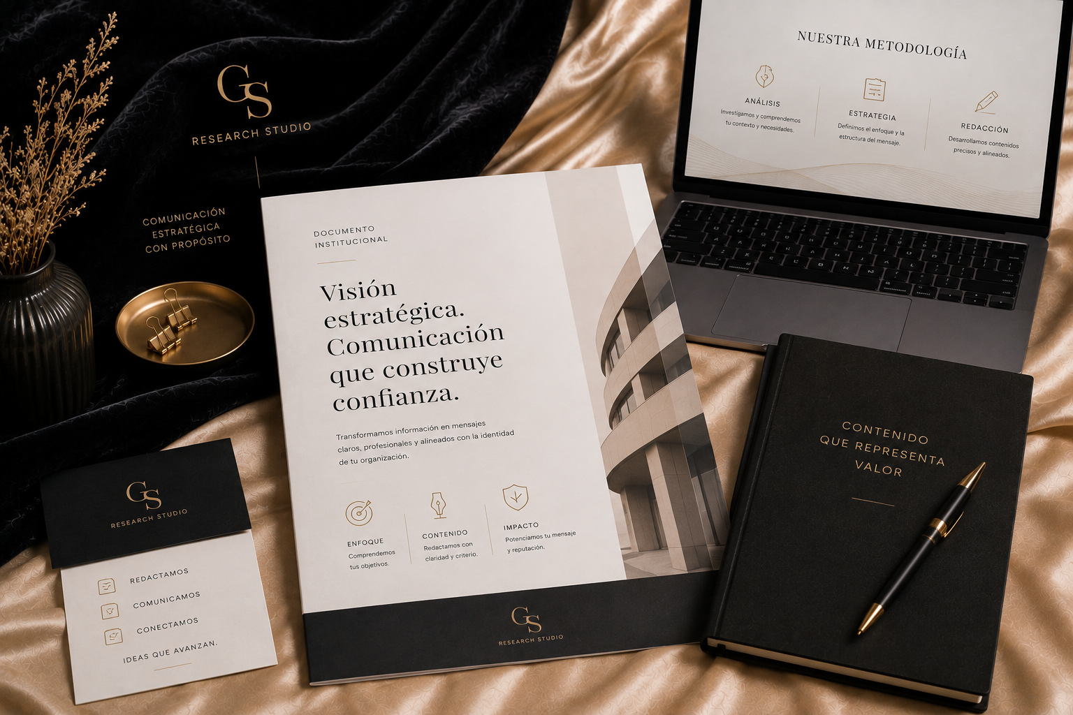Redacción corporativa | GS Research Studio Documento corporativo con diseño editorial profesional, tipografía elegante y materiales institucionales organizados sobre un escritorio premium.