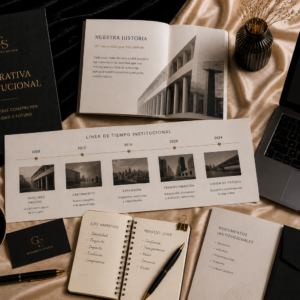 Línea de tiempo institucional con documentos, archivos históricos, cuaderno editorial y materiales estratégicos organizados sobre un escritorio premium.