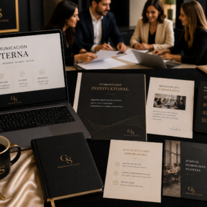 Documentos de comunicación interna, mensajes corporativos y materiales para equipos organizados sobre un escritorio editorial premium con diseño minimalista.