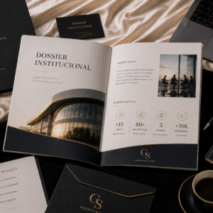 Dossier institucional abierto con diseño editorial elegante, fotografías corporativas, documentos estratégicos y materiales ejecutivos organizados sobre un escritorio premium.