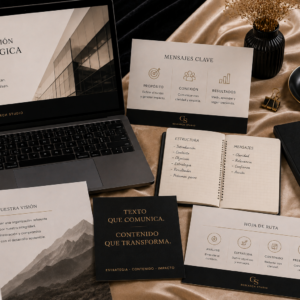 Presentación corporativa abierta con diapositivas editoriales limpias, jerarquía tipográfica profesional y documentos estratégicos organizados sobre un escritorio premium.