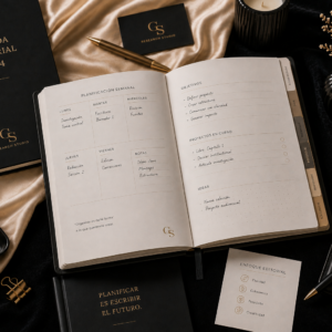 Agenda editorial abierta con planificación semanal, tipografía elegante, cuaderno premium y elementos de organización sobre un escritorio editorial minimalista.