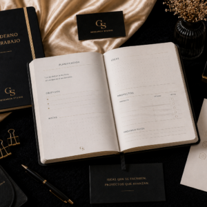 Cuaderno editorial abierto con páginas organizadas, espacios para escritura, planificación e investigación sobre un escritorio premium de estética editorial.