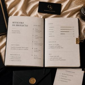 Bitácora editorial abierta con cronología de proyecto, notas organizadas y diseño minimalista sobre un escritorio premium.