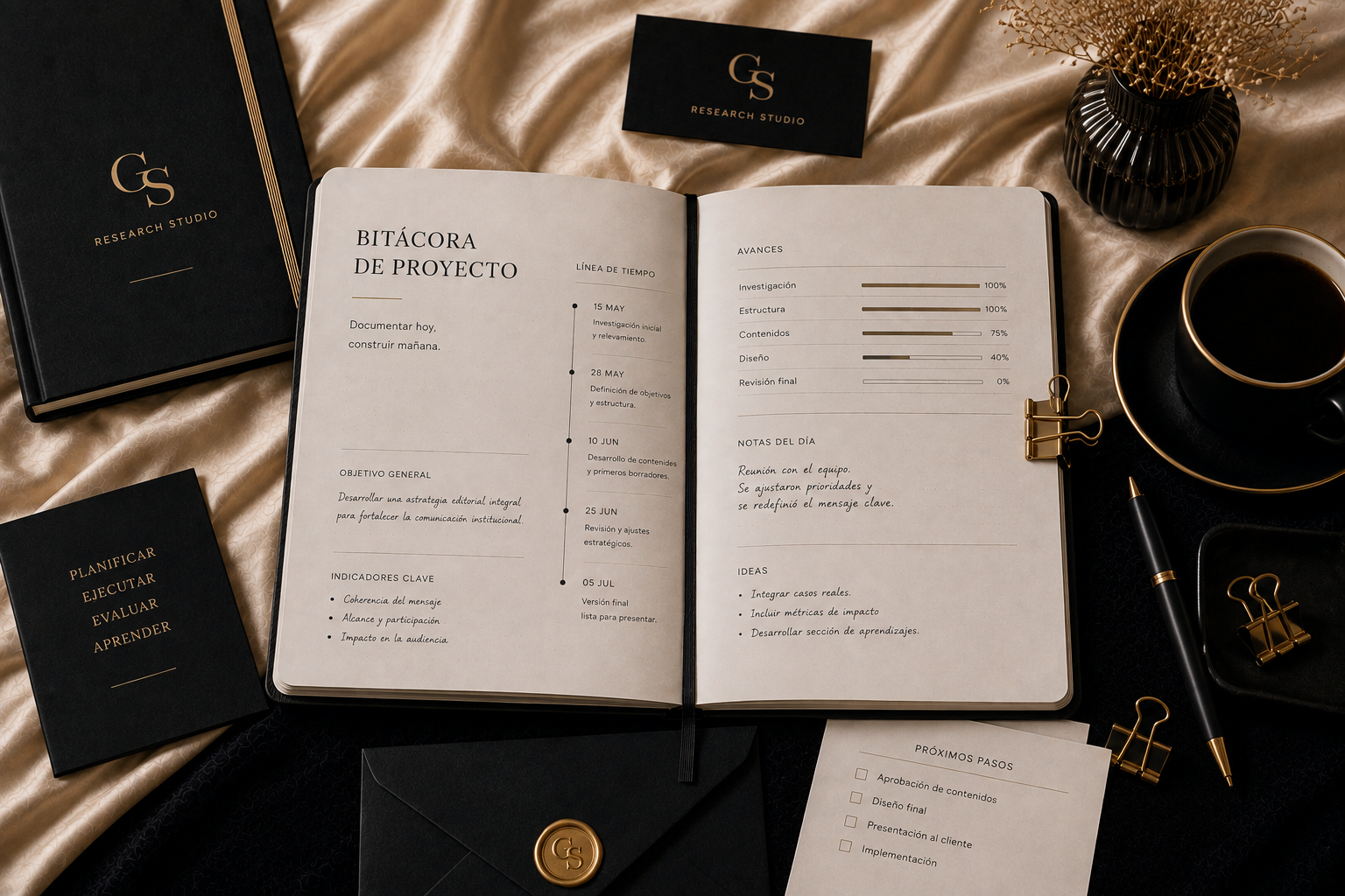 Bitácora de proyecto | GS Research Studio Bitácora editorial abierta con cronología de proyecto, notas organizadas y diseño minimalista sobre un escritorio premium.