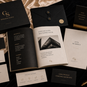 Kit editorial de marca con tarjetas, booklet, papelería premium y piezas impresas organizadas sobre un escritorio minimalista.