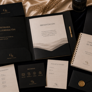Carpeta editorial con materiales coordinados para un programa institucional organizada sobre un escritorio minimalista de estilo premium.