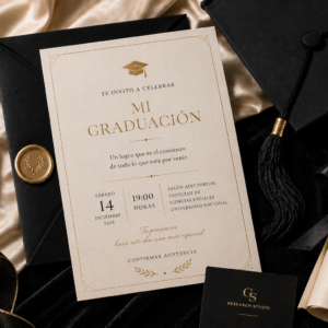 Invitación editorial de graduación sobre papel texturado premium con detalles dorados y composición minimalista.