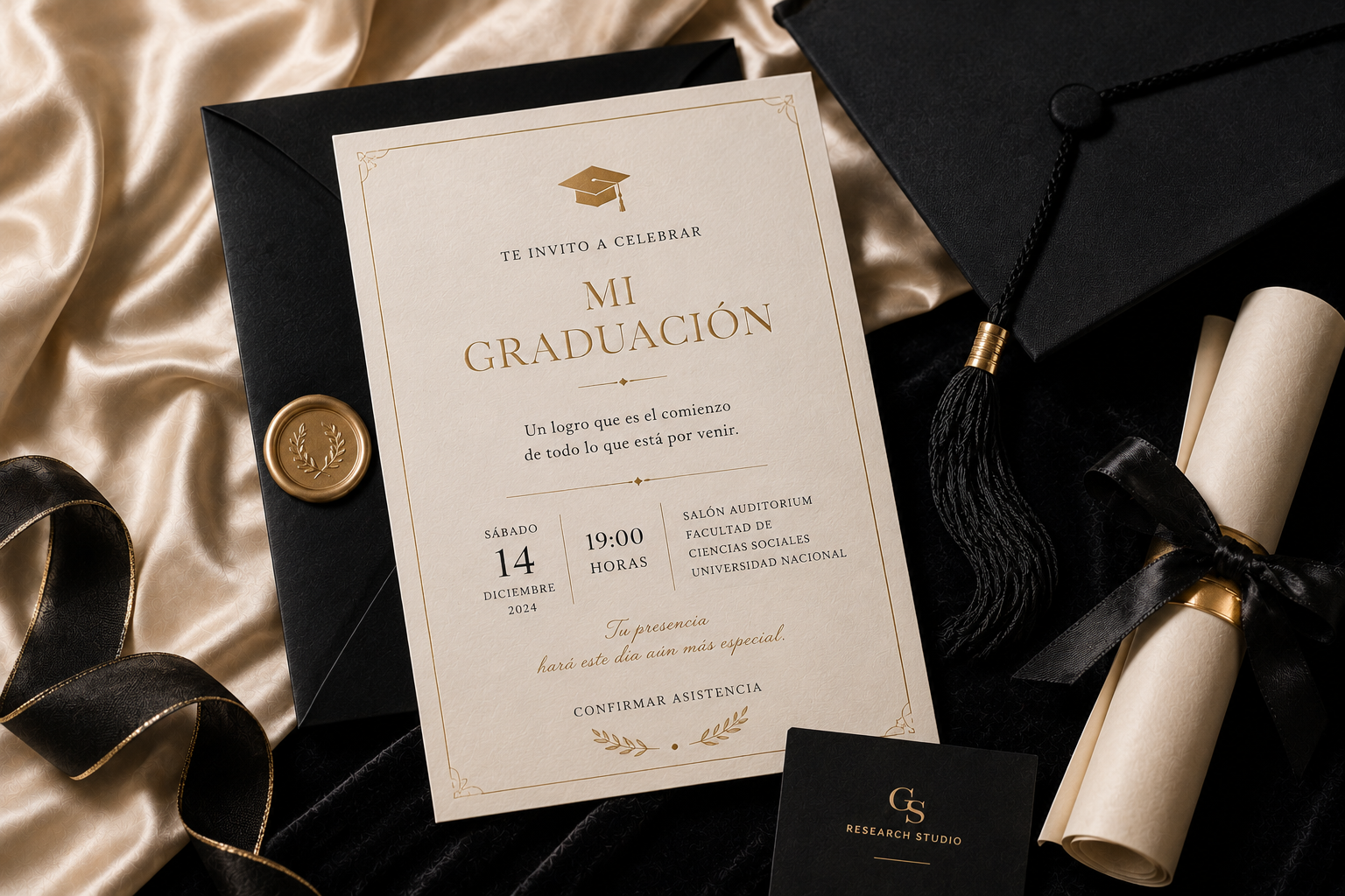 Invitación de graduación | GS Research Studio Invitación editorial de graduación sobre papel texturado premium con detalles dorados y composición minimalista.