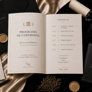 Programa editorial de ceremonia académica con cronograma elegante sobre escritorio de lujo con papelería premium.