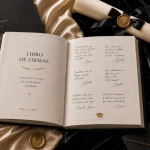 Libro de firmas abierto con páginas elegantes sobre escritorio de lujo con papelería editorial premium.