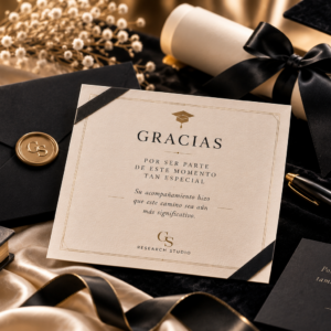 Tarjeta de agradecimiento editorial sobre papel texturado premium con detalles dorados y composición minimalista.