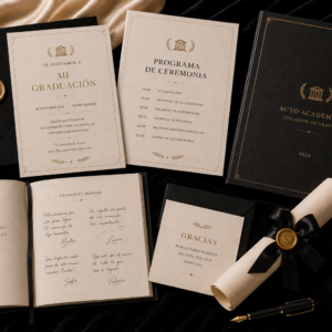 Kit editorial para ceremonia académica con invitación, programa, libro de firmas y tarjeta de agradecimiento sobre escritorio premium.