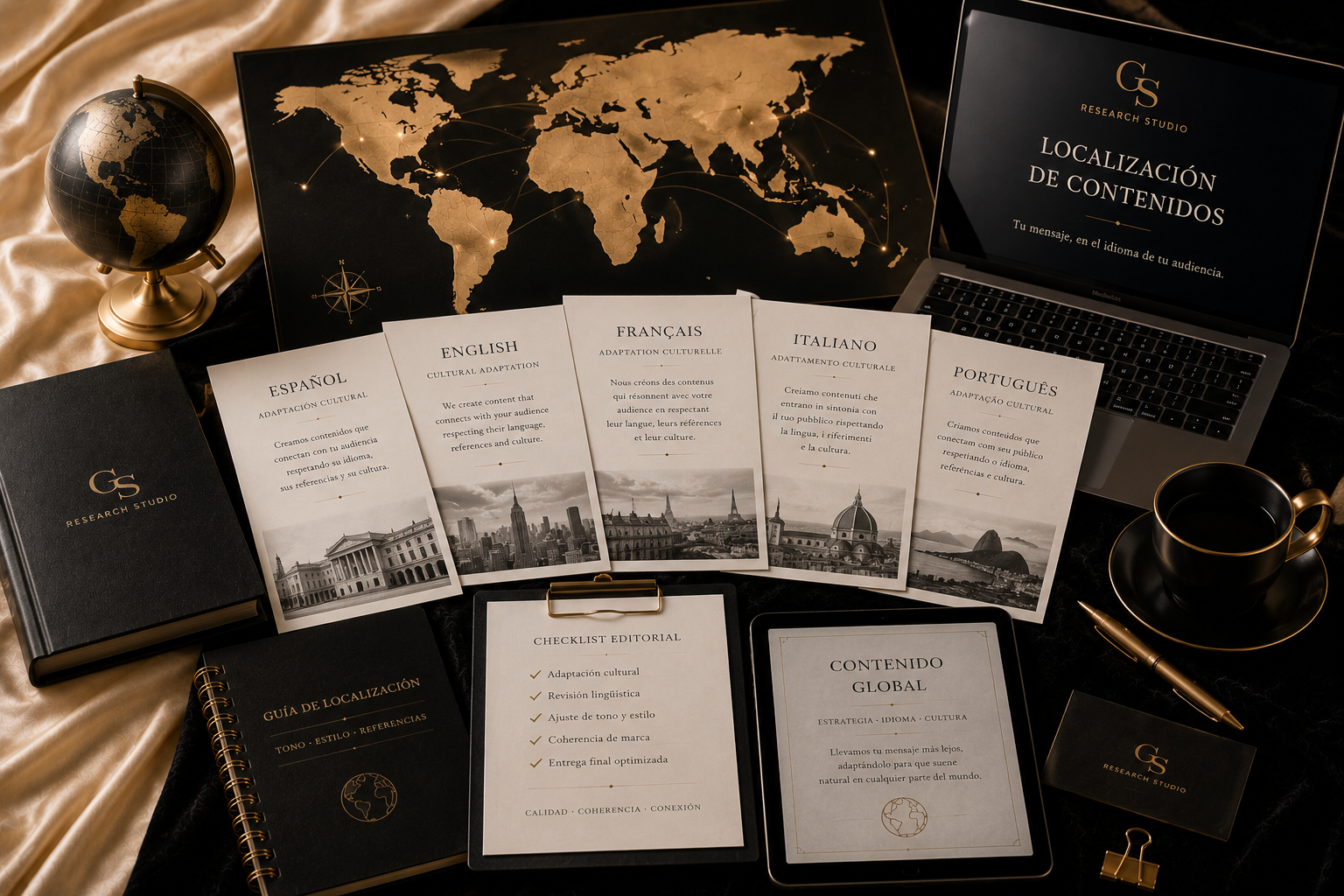 Localización de contenidos | GS Research Studio Mapamundi con documentos editoriales adaptados a distintos idiomas sobre un escritorio editorial premium.