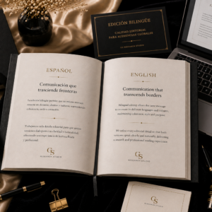 Libro abierto mostrando una edición bilingüe con dos idiomas enfrentados sobre un escritorio editorial premium.