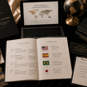 Colecciones Editoriales Documentos editoriales con anotaciones culturales, mapas y referencias internacionales sobre un escritorio editorial premium.