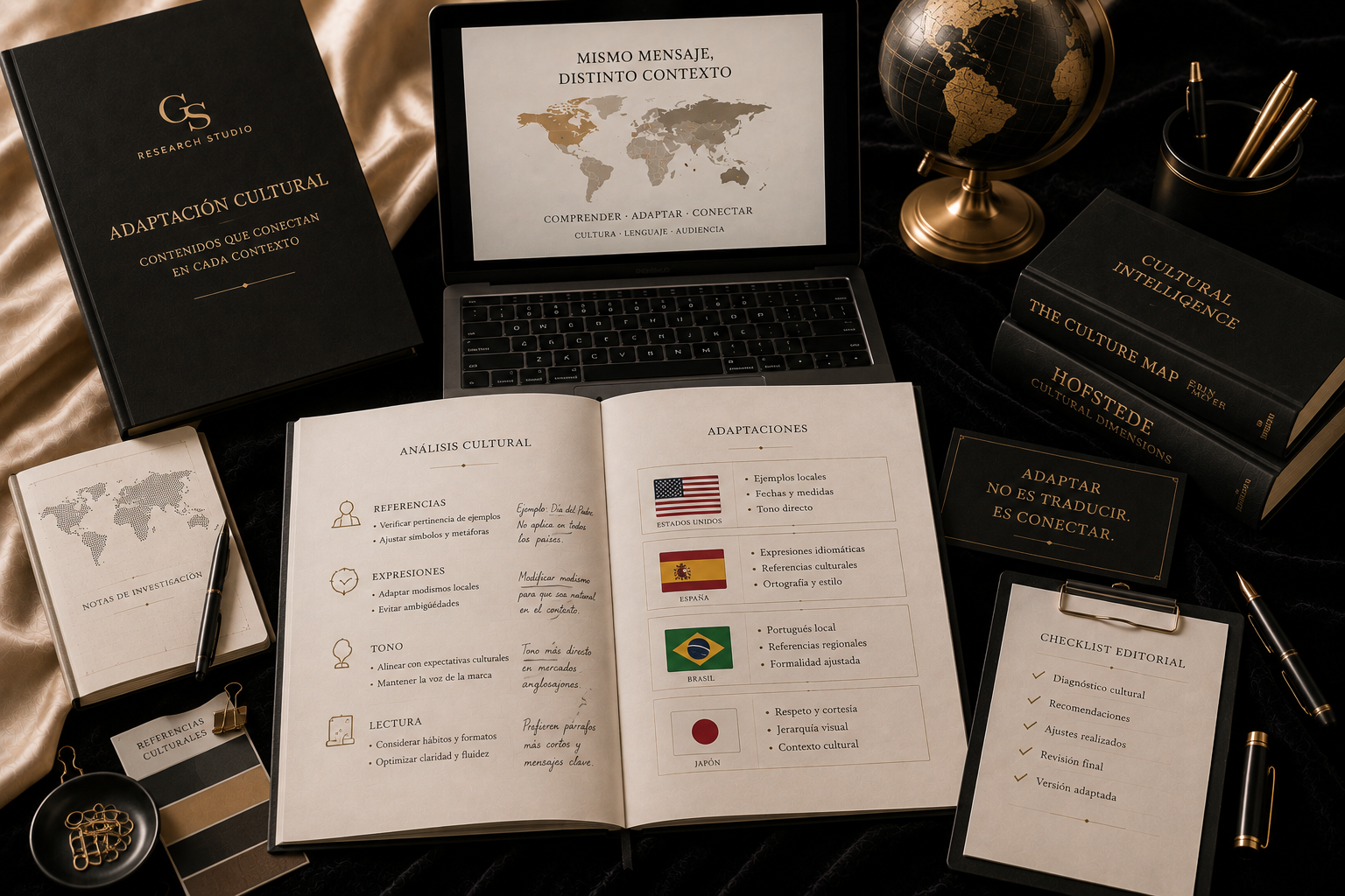 Adaptación cultural | GS Research Studio Documentos editoriales con anotaciones culturales, mapas y referencias internacionales sobre un escritorio editorial premium.
